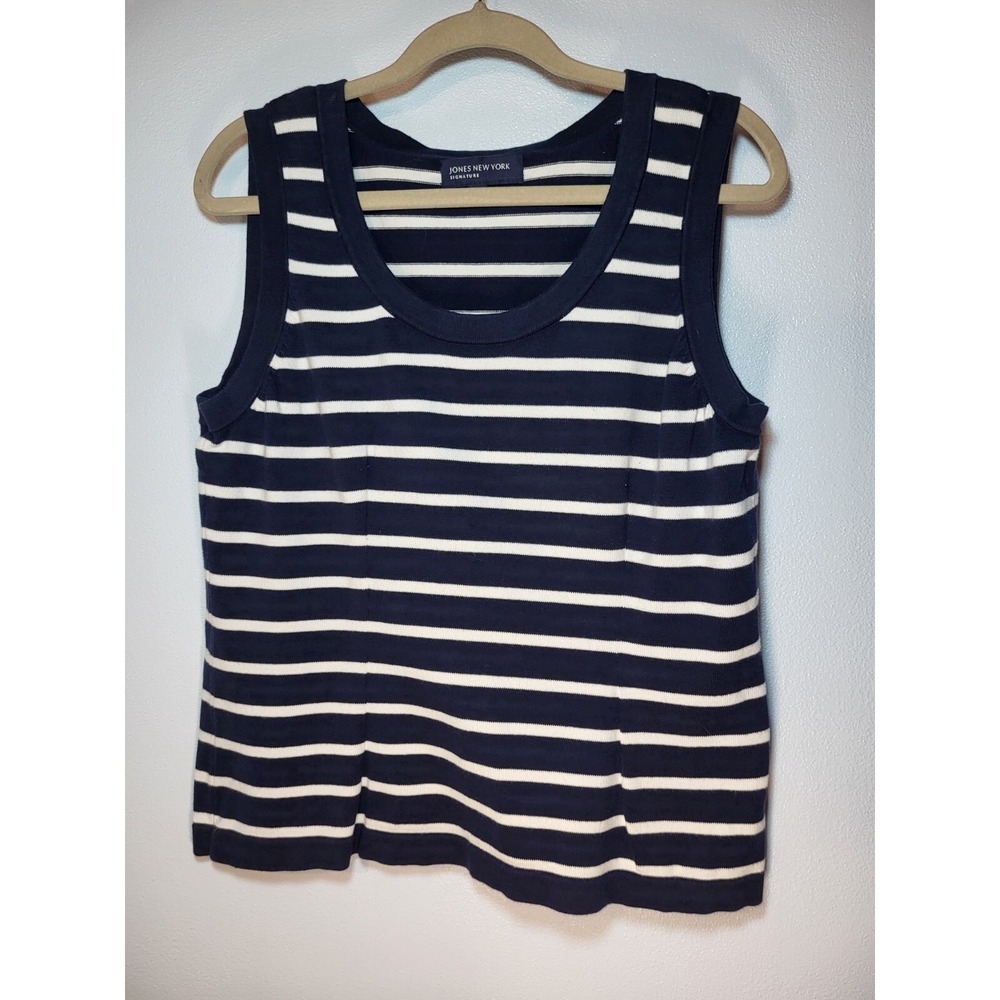 Jones NY Navy White Striped Fitted Tank Top Stretch Nautical Size XL‎